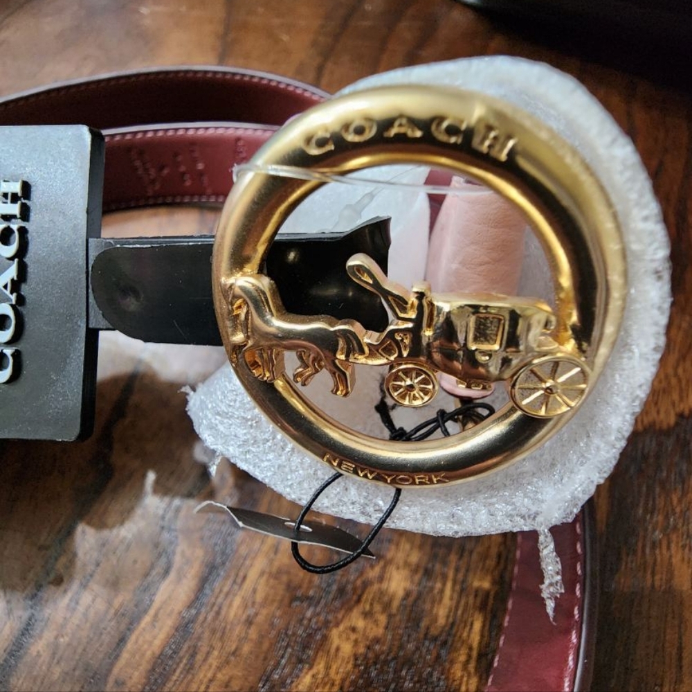 Coach  Maroon Leather Belt with Gold Carriage Buckle